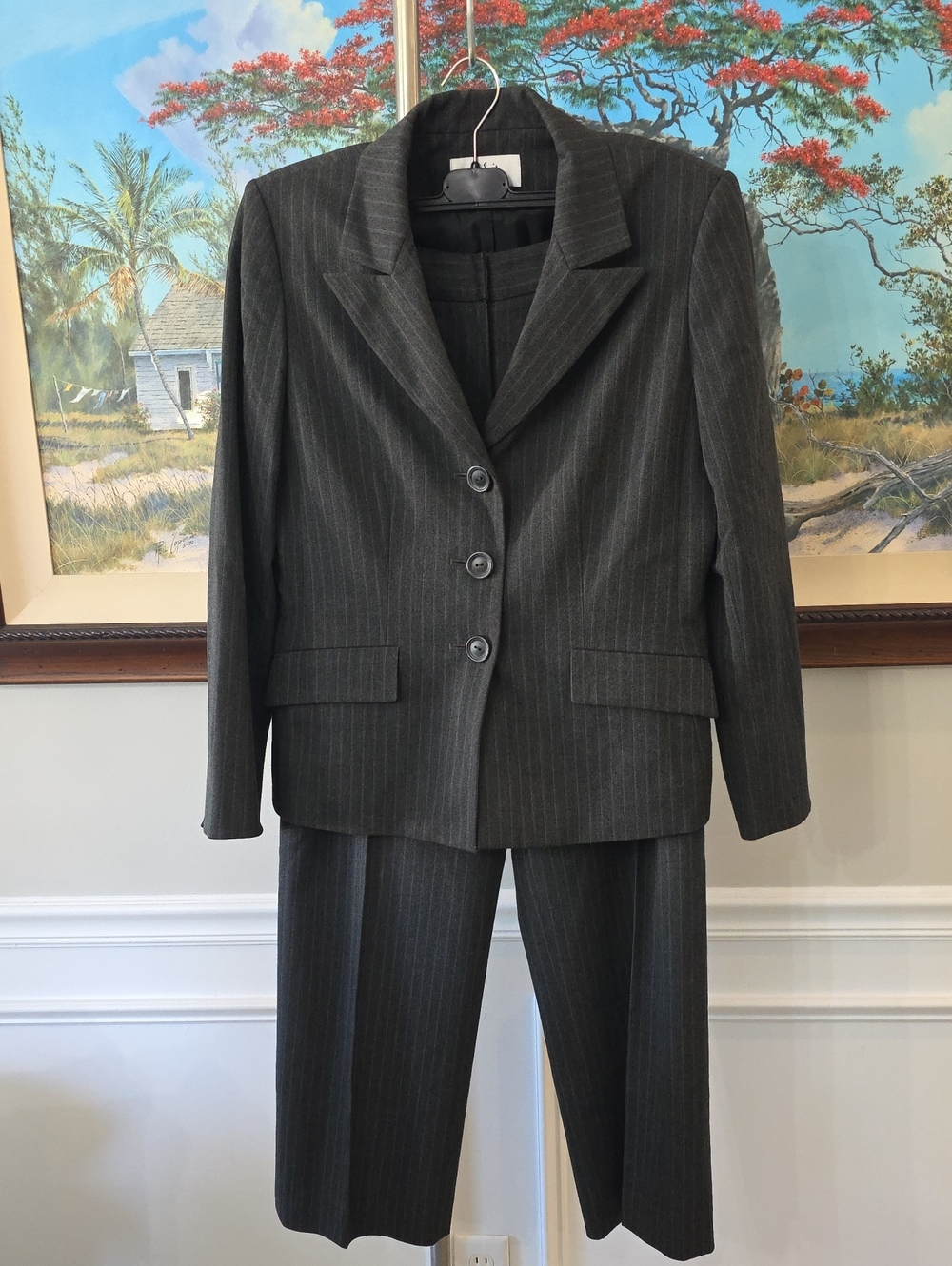 Le Suit Dark Charcoal Pinstripe Women's Two-Piece Suit